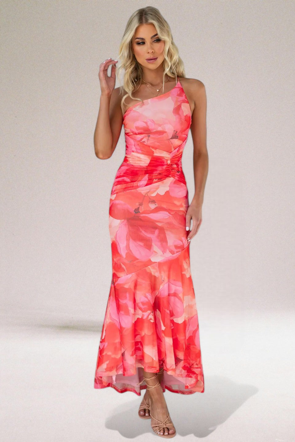 Lightweight Floral One-Shoulder Fitted Maxi Dress