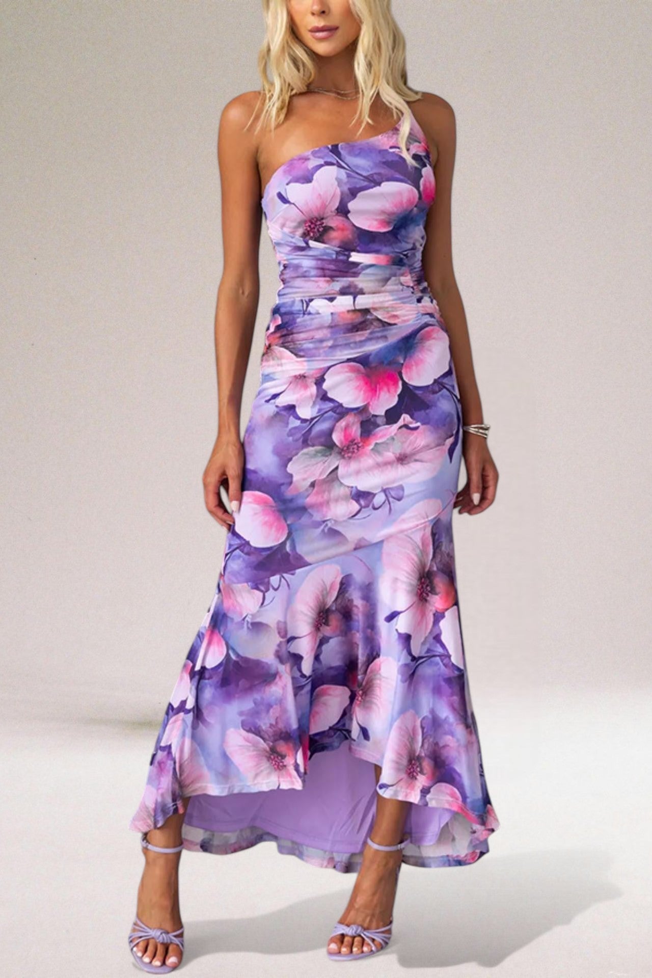 Lightweight Floral One-Shoulder Fitted Maxi Dress