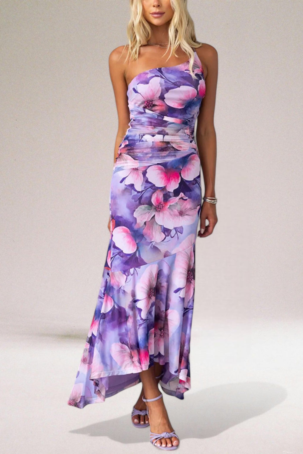 Lightweight Floral One-Shoulder Fitted Maxi Dress