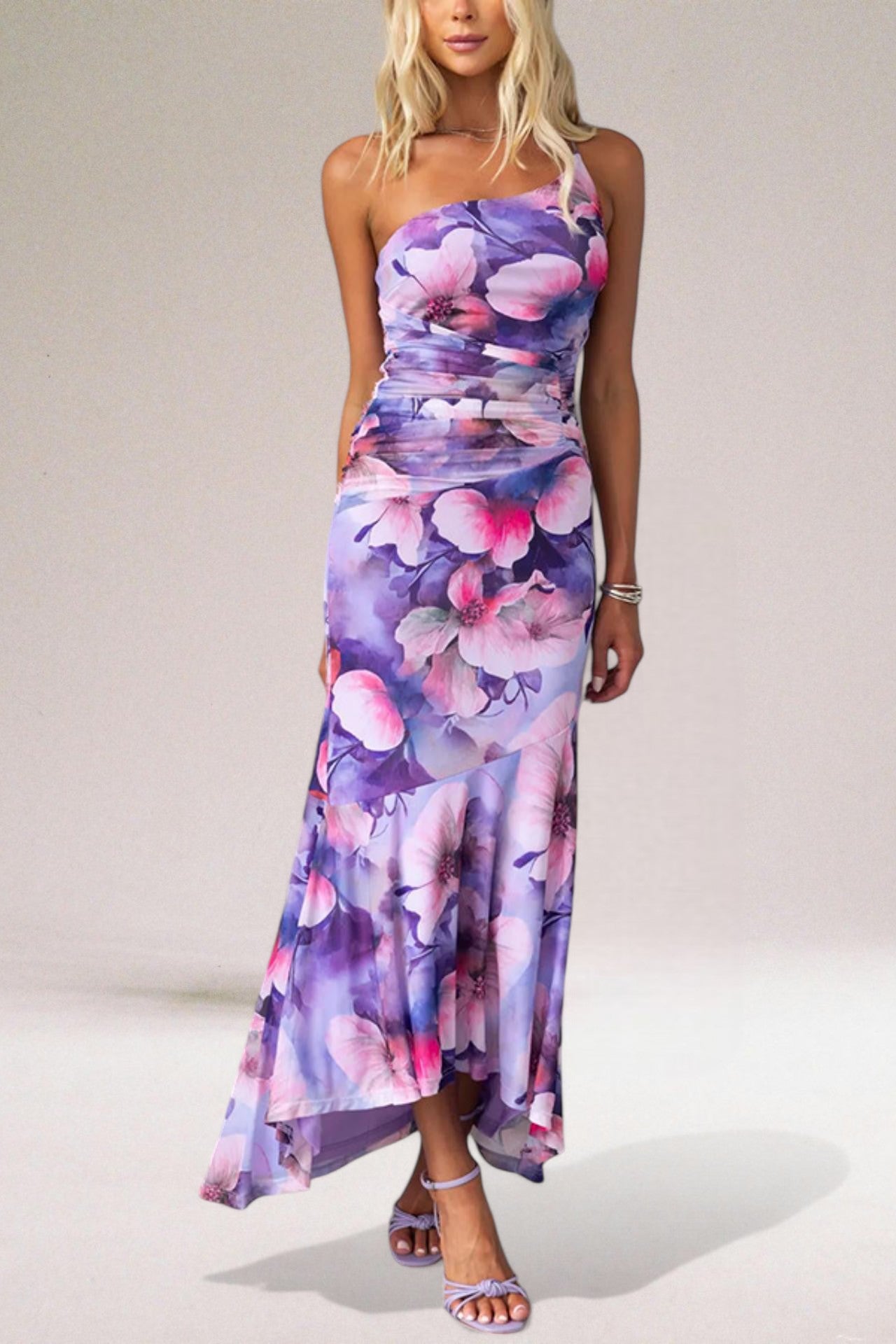 Lightweight Floral One-Shoulder Fitted Maxi Dress