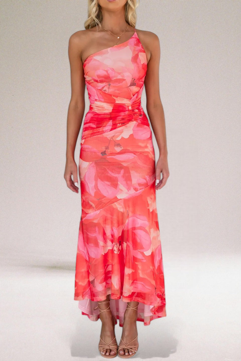 Lightweight Floral One-Shoulder Fitted Maxi Dress