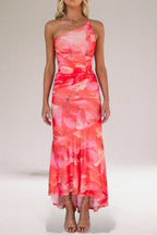 Lightweight Floral One-Shoulder Fitted Maxi Dress