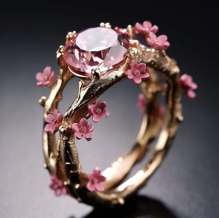 Crystal Pink Flower Ring in Gold Tone