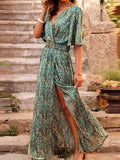 V-Neck Wrap Short Sleeve High-Slit Maxi Dress
