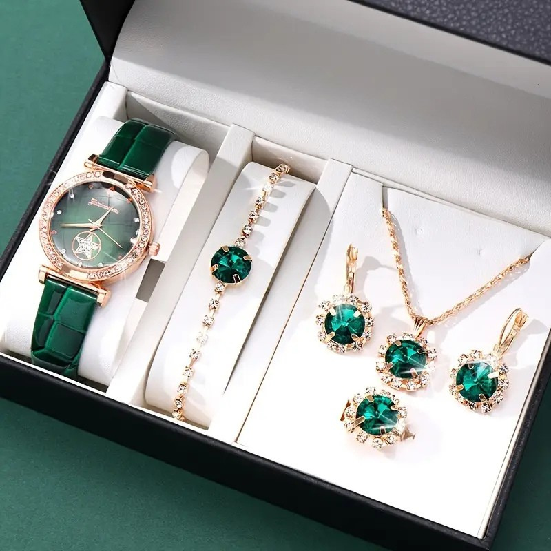 Green Stone Jewellery Gift Set with Watch