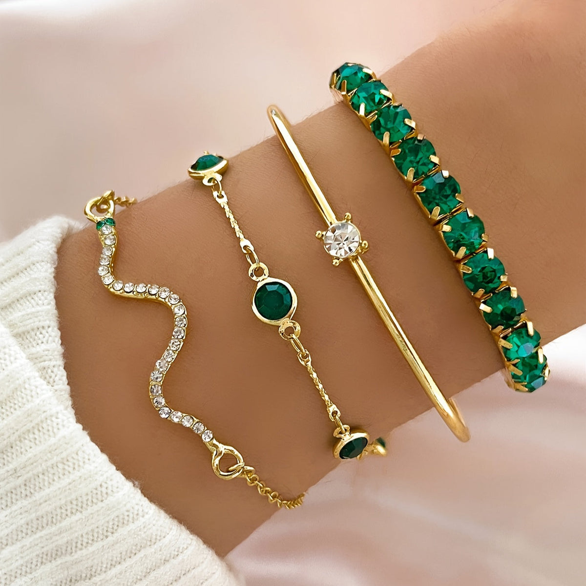 Four-Piece Green Rhinestone Jewellery Set