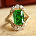 Long Green Crystal Ring with Ornate Gold-Tone Frame
