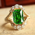 Long Green Crystal Ring with Ornate Gold-Tone Frame