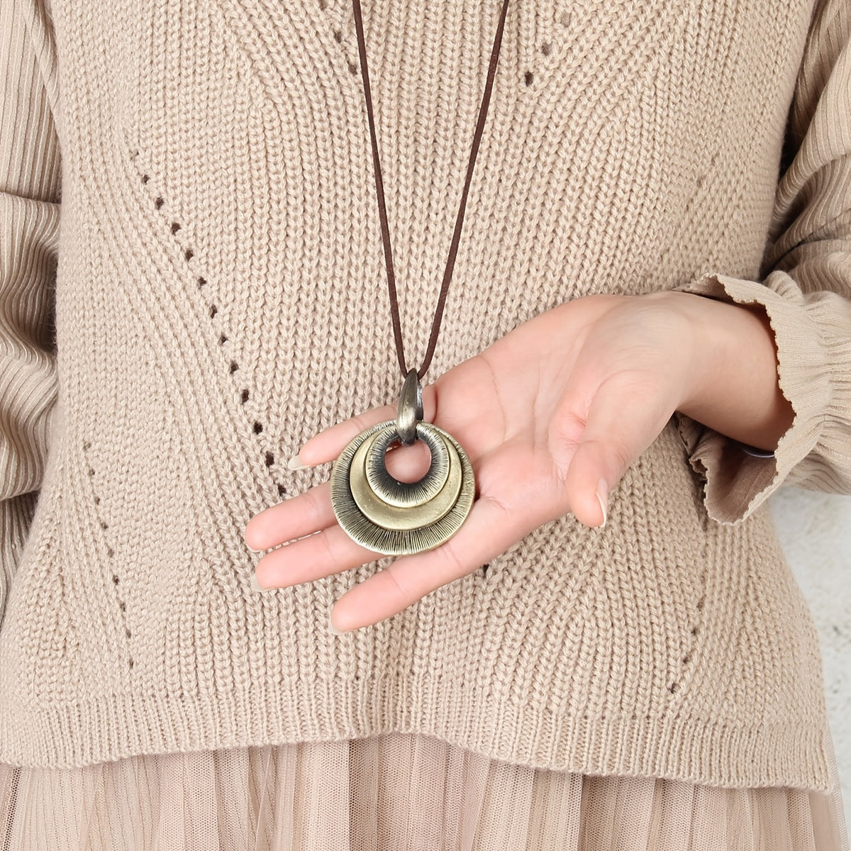 Vintage Layered Disc Long Pendant Necklace