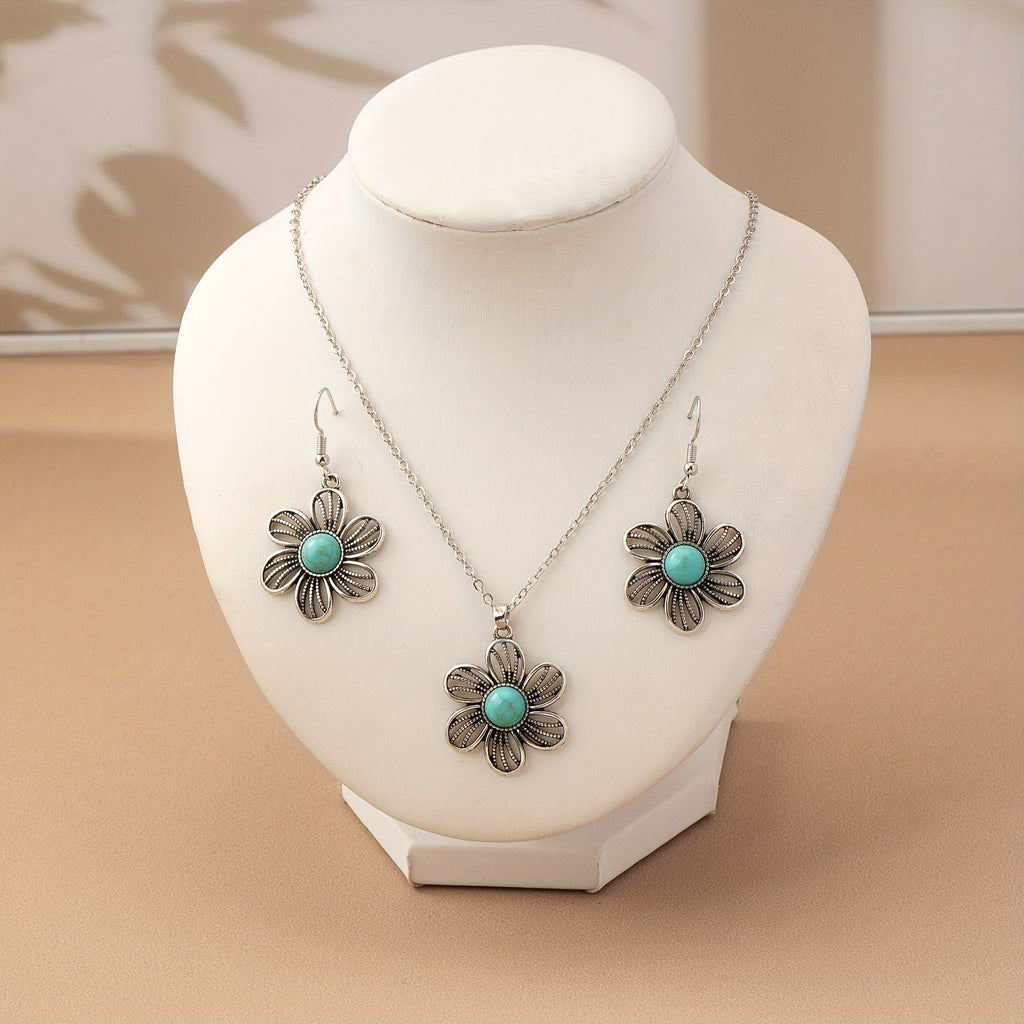 Vintage Turquoise Flower Silver-Plated Necklace and Earring Set