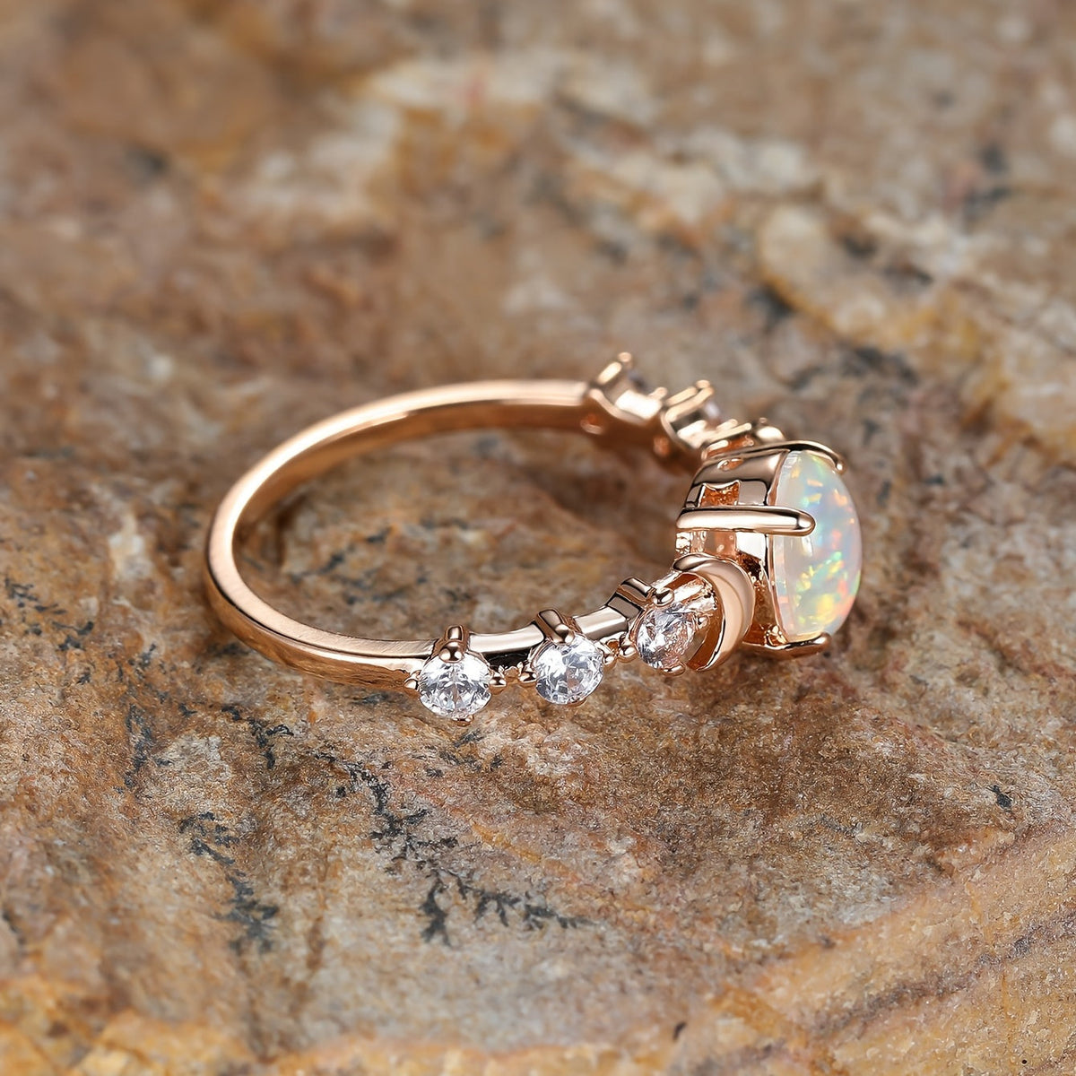 White Fire Opal-Look Small Moon Gold-Plated Ring