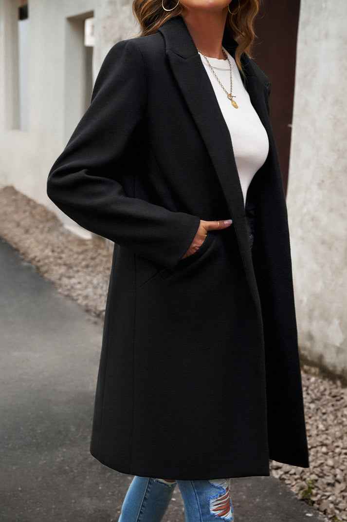 Solid Colour Longline Coat with Notched Collar and Buttons