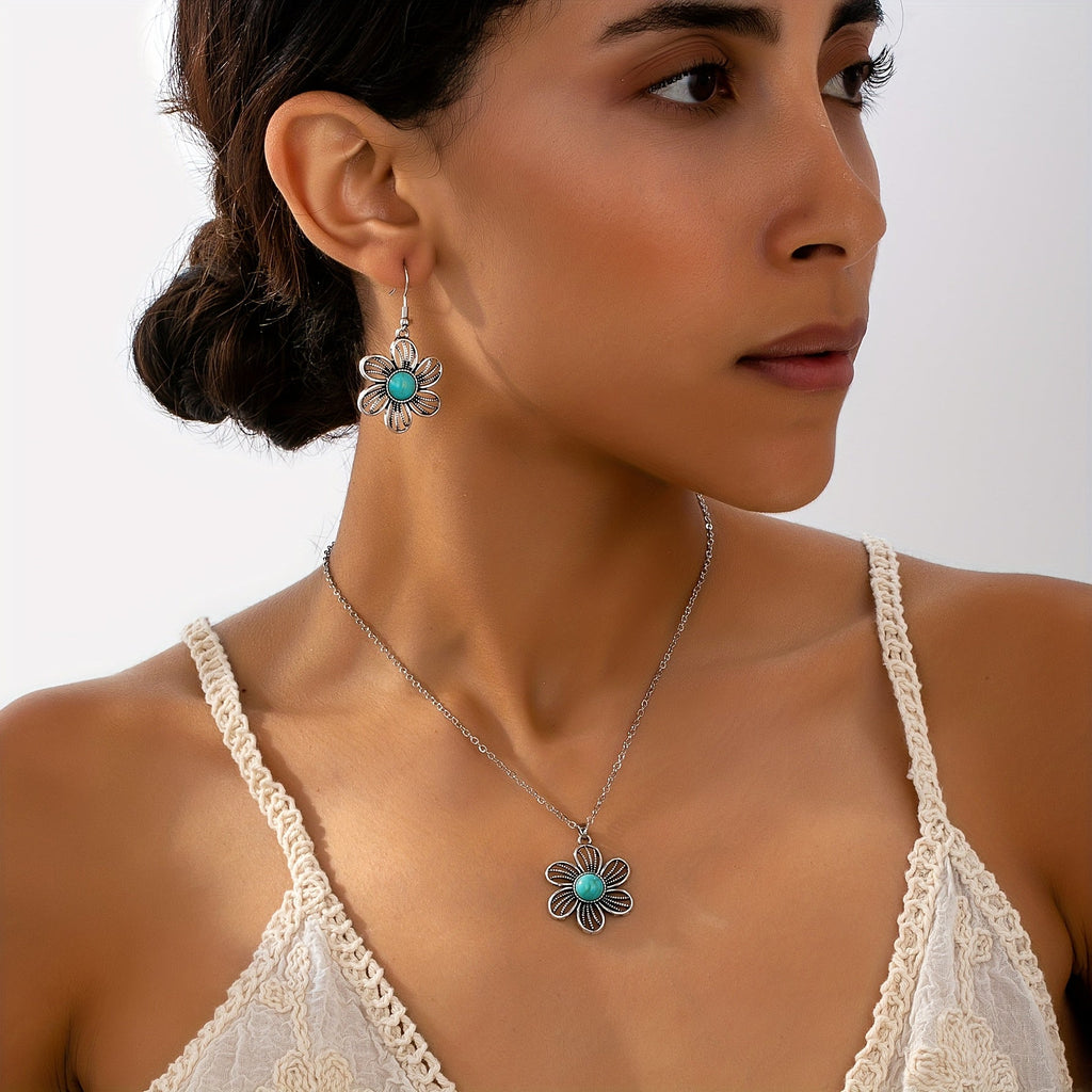 Vintage Boho Turquoise Flower Earrings and Necklace Set