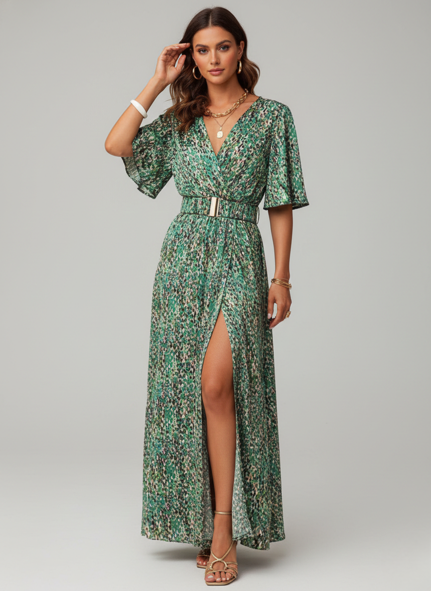 V-Neck Wrap Short Sleeve High-Slit Maxi Dress