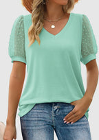 Puff Sleeve V-Neck Blouse with Dot Pattern