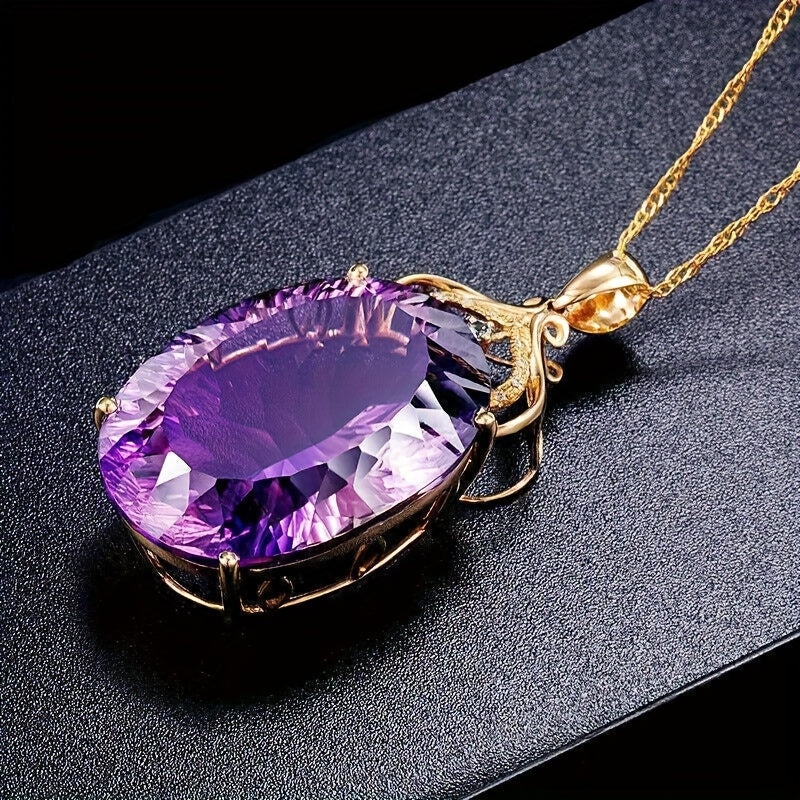 Purple Synthetic Zirconia Inlaid Oval Pendant Necklace