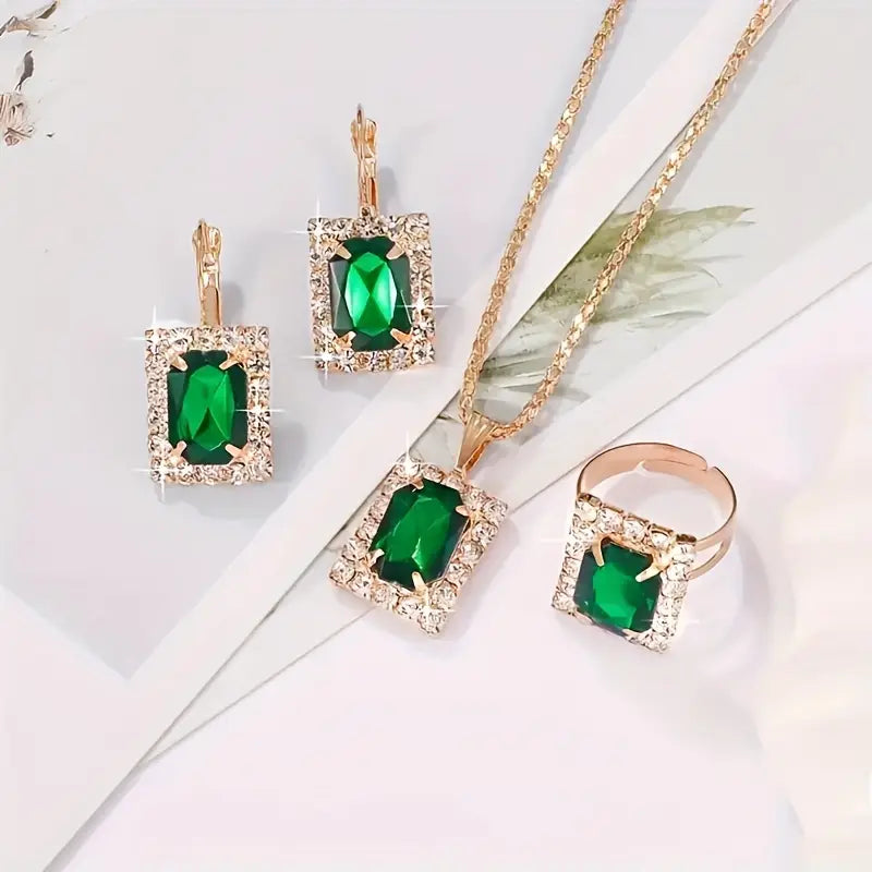Green Stone Necklace, Earrings and Ring Set in White Gold Tone