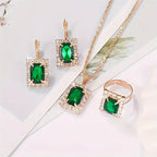 Green Stone Necklace, Earrings and Ring Set in White Gold Tone