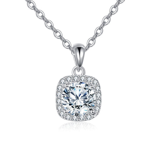 925 Sterling Silver Moissanite Halo Square Pendant Necklace
