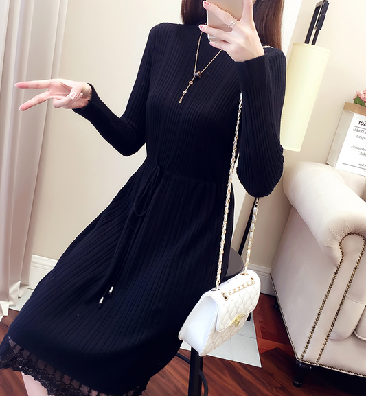 Ruffled Knit Dress – Bow Detail, Long Sleeve