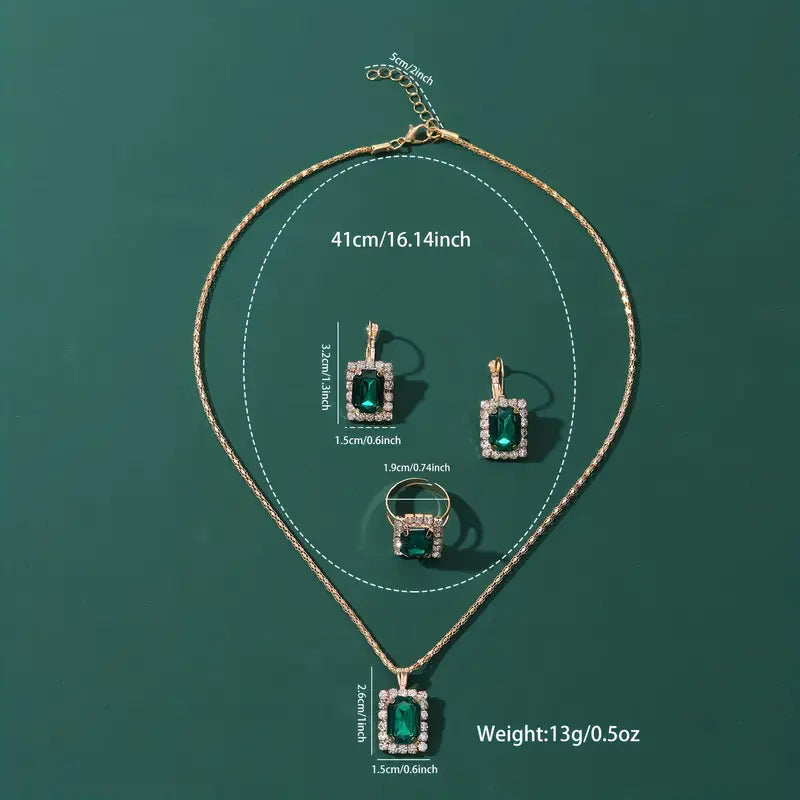Green Stone Necklace, Earrings and Ring Set in White Gold Tone