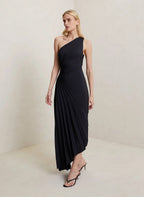 One-Shoulder Pleated Asymmetric Hem Maxi Dress