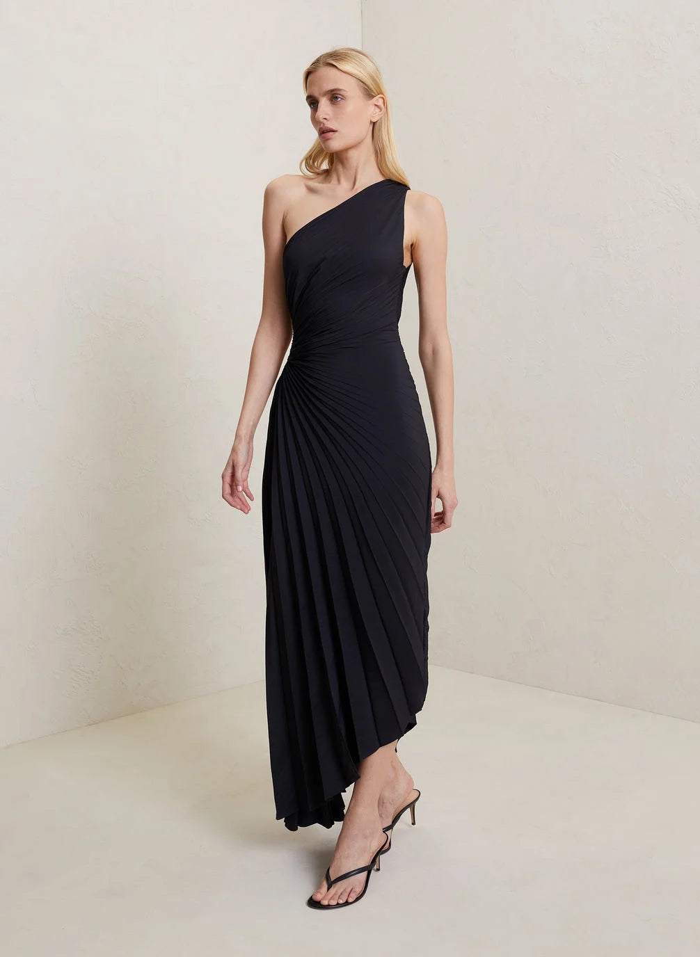 One-Shoulder Pleated Asymmetric Hem Maxi Dress