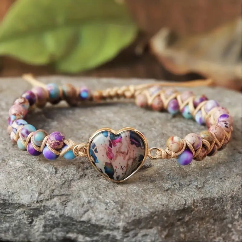 Colourful Bead Bracelet with Heart Stone Framed in Gold Tone