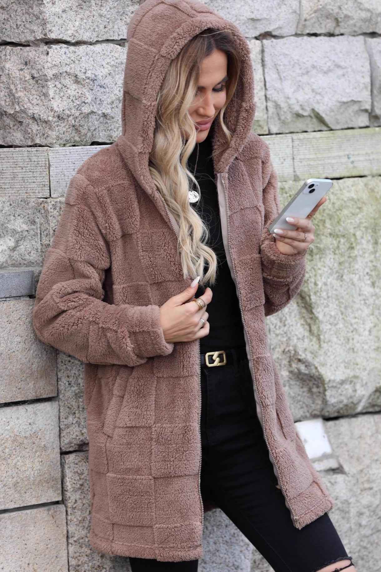 Hooded Zip Through Cardigan Coat with Patchwork Detailing