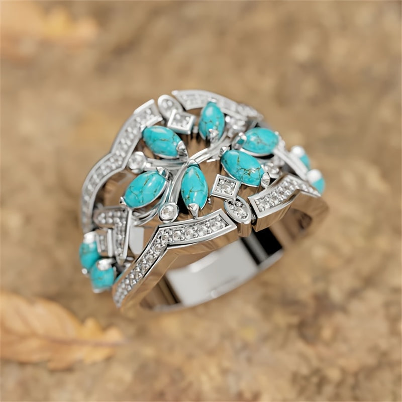 Openwork Statement Ring with Turquoise-Look Stones and Crystals