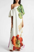 One-shoulder maxi-jurk van crêpe met bloemenprint en zakken