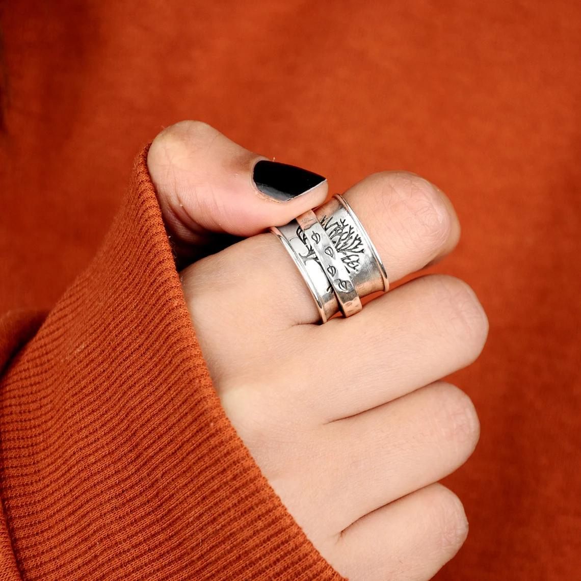 Vintage-Style Hand-Carved Tree of Life Spinner Ring
