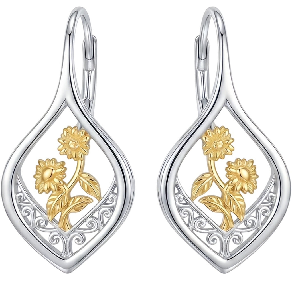 Filigraan zonnebloemoorbellen met leverback, 925 sterling zilver, 18K verguld