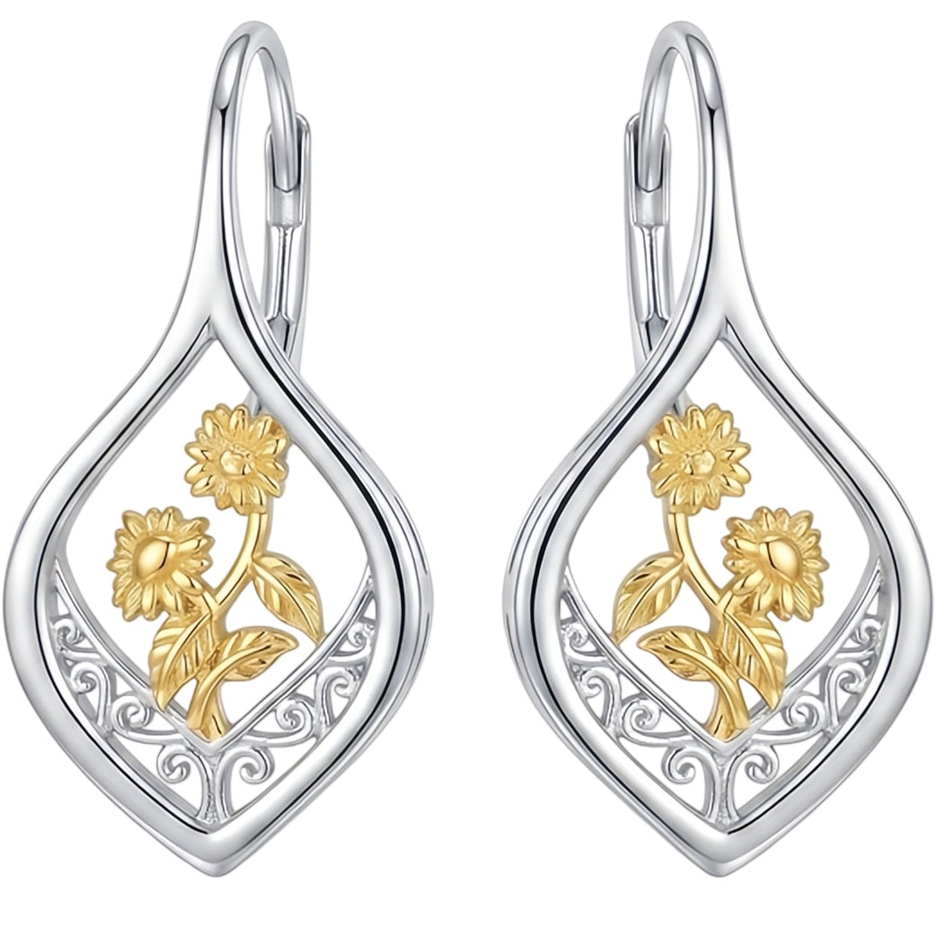 Filigraan zonnebloemoorbellen met leverback, 925 sterling zilver, 18K verguld