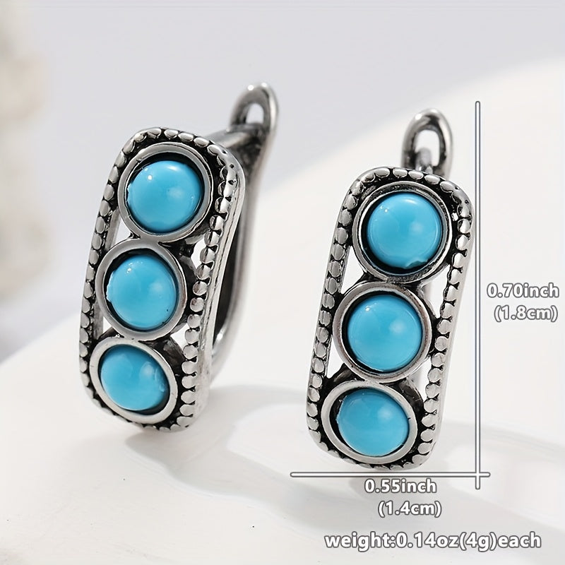 Brincos de Argola Grossos Vintage com Turquesa Banhados a Prata