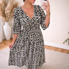A-Line Three-Quarter Sleeve V-Neck Maxi Dress