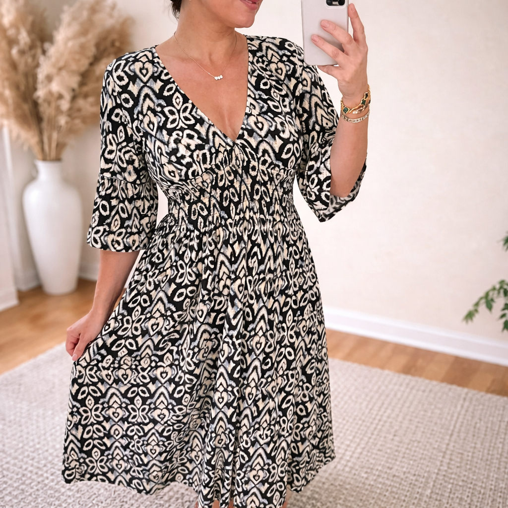 A-Line Three-Quarter Sleeve V-Neck Maxi Dress