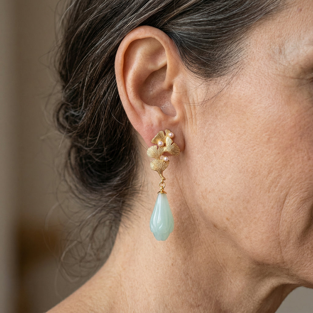 Gold-Tone Ginkgo Leaf and Jade Teardrop Earrings