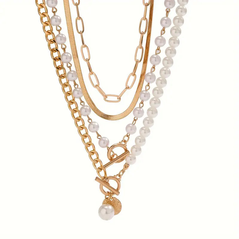 Vintage-Style Pearl and Snake Chain Necklace Set in Gold Tone