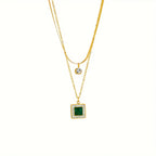 Double-Layer Necklace with Green Square Pendant
