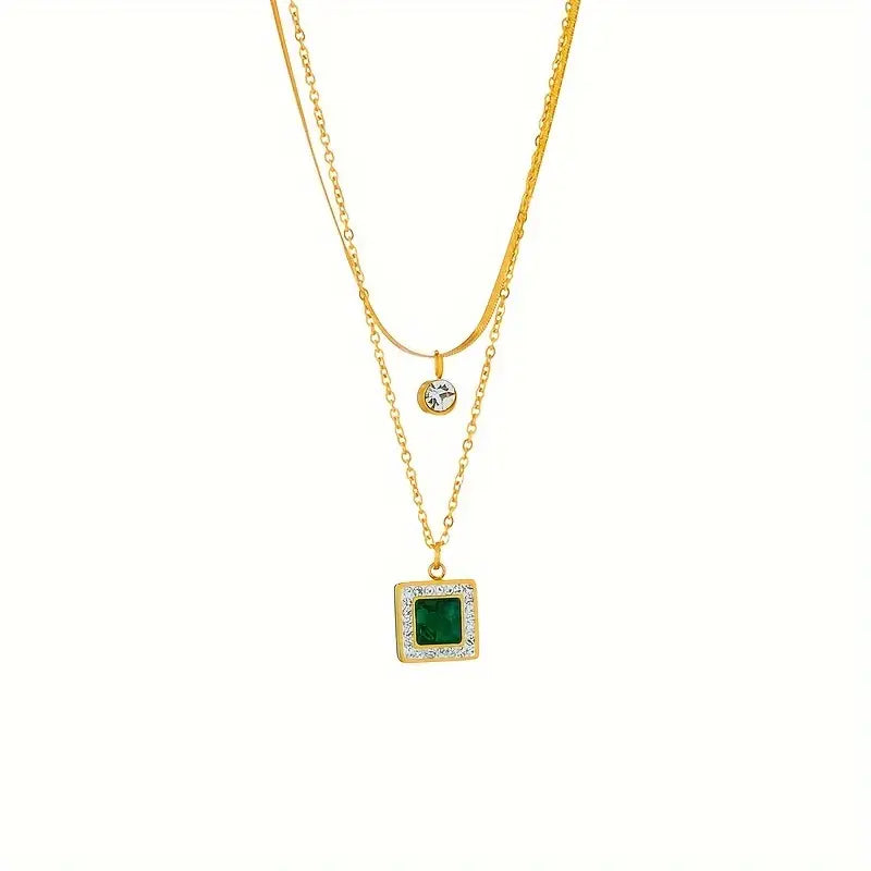 Double-Layer Necklace with Green Square Pendant