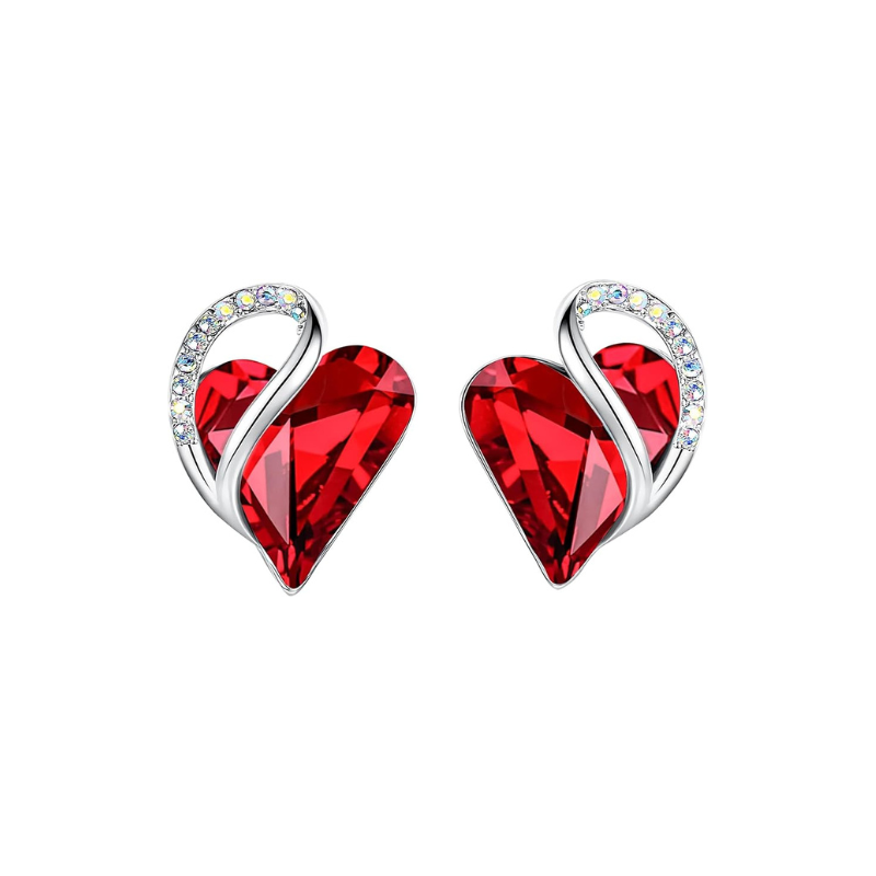 Infinity Heart Ruby-Look Stud Earrings in White Gold Tone