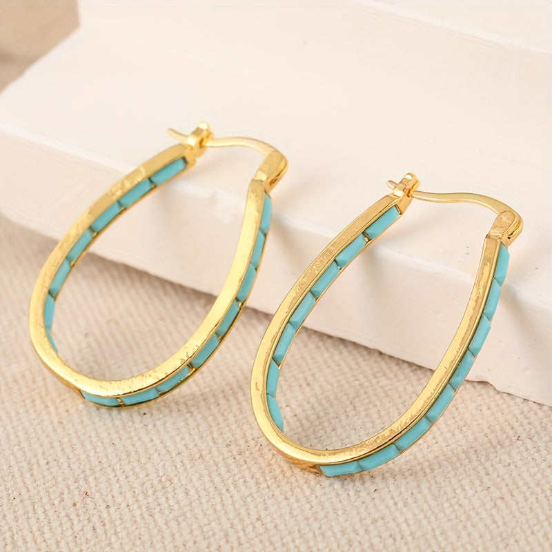 U-Shaped Synthetic Turquoise Oval Hoop Earrings