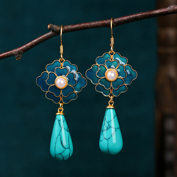 Vintage-Style Turquoise Floral and Pearl Drop Earrings