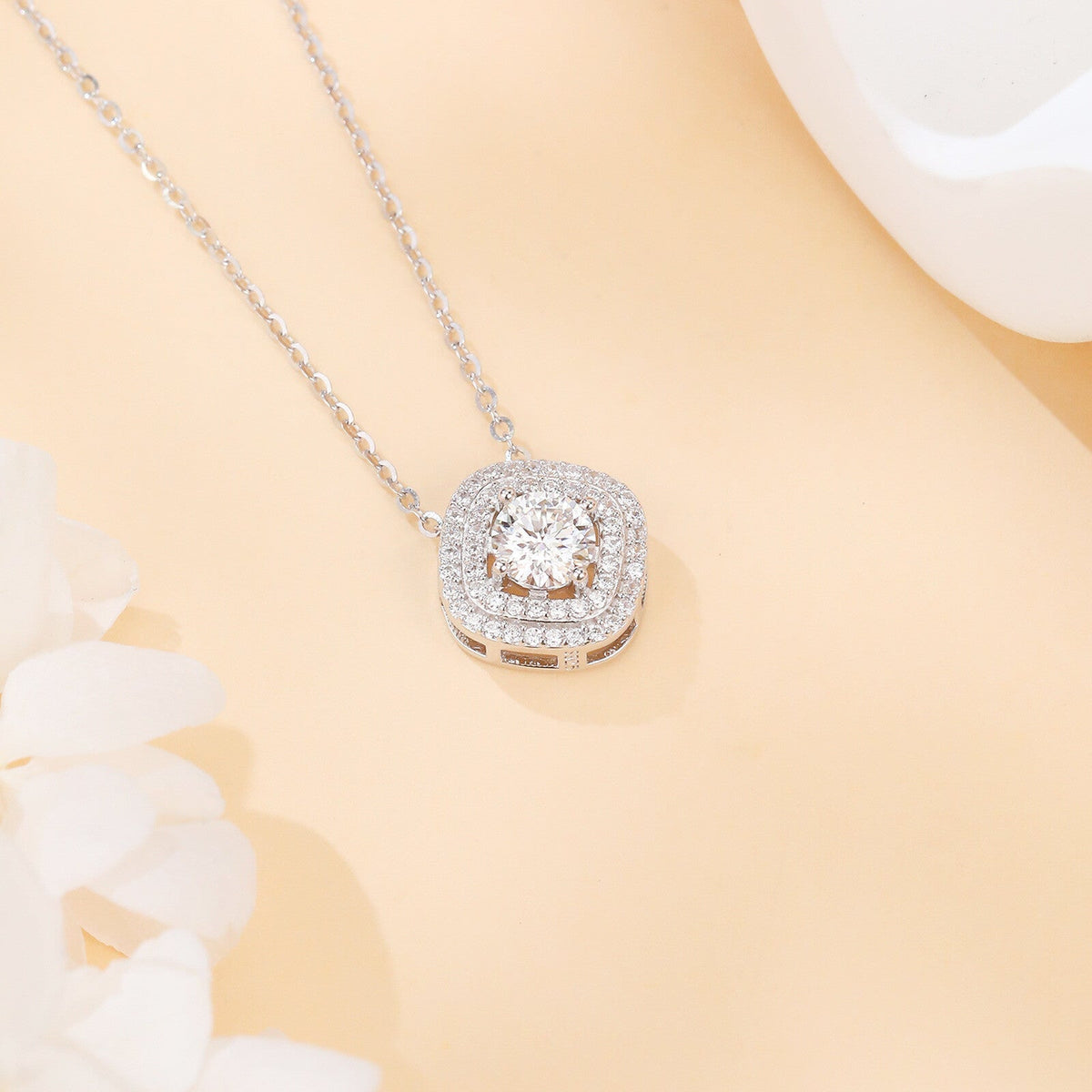 925 Sterling Silver Double Halo Moissanite Necklace, White Gold Plated