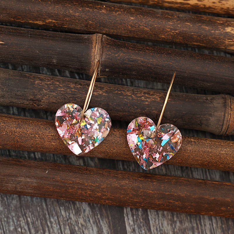 Vintage Resin Glitter Heart Pendant Earrings