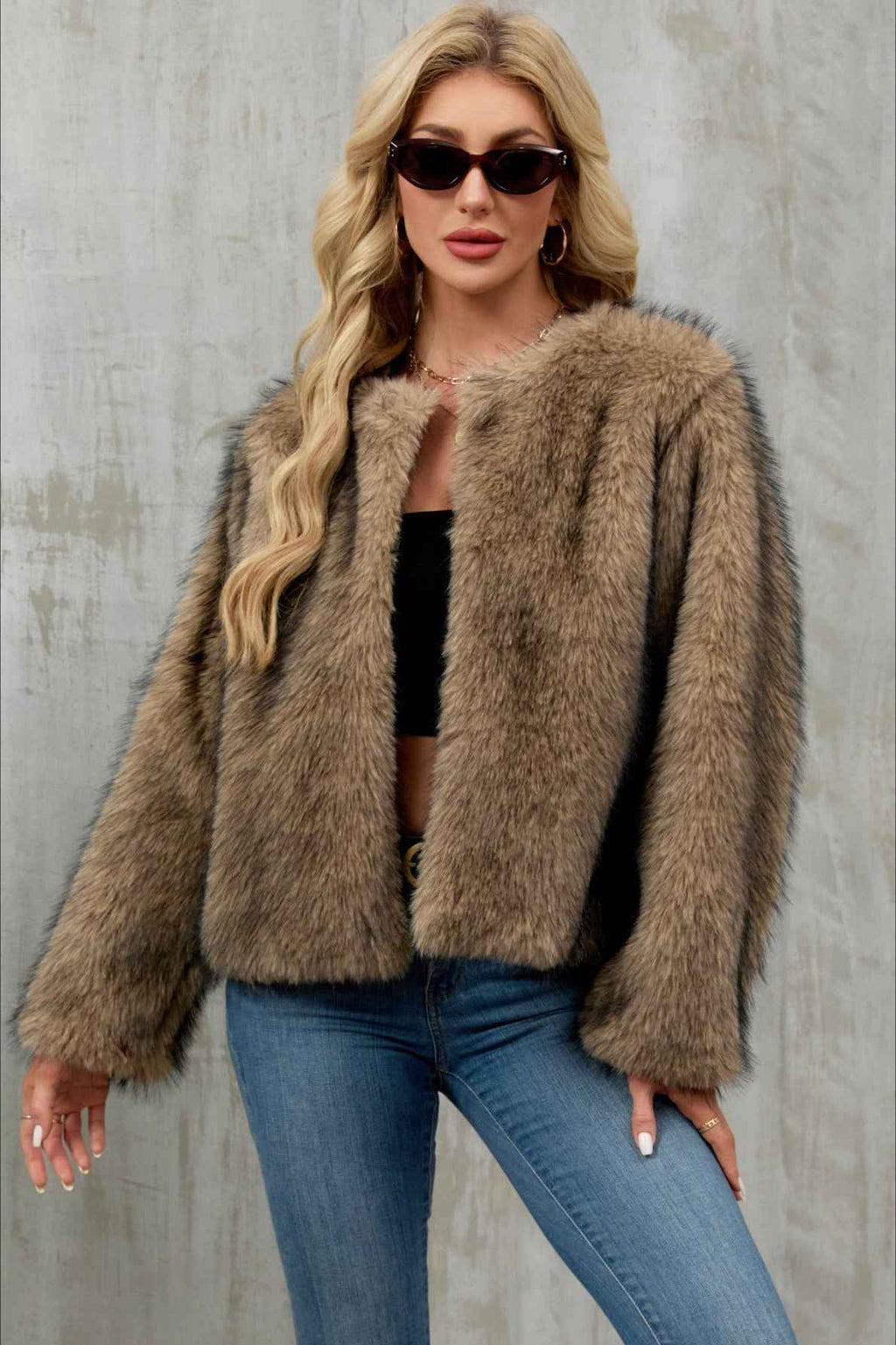Cropped Plush Cardigan with Crew Neck and Long Sleeves