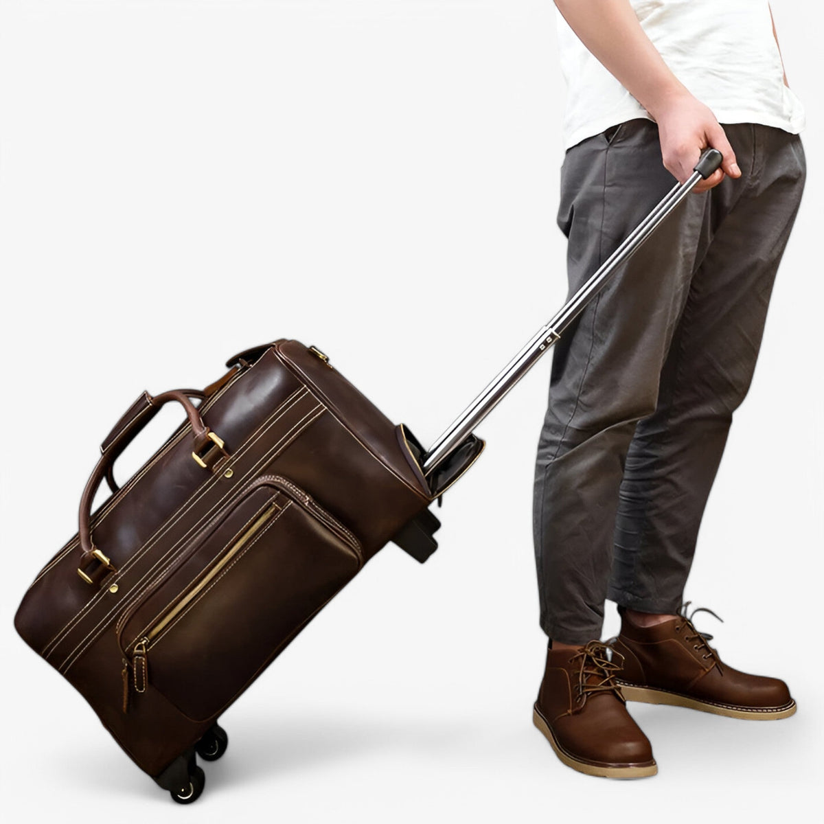 Genuine Leather Rolling Travel Trolley with Laptop Section