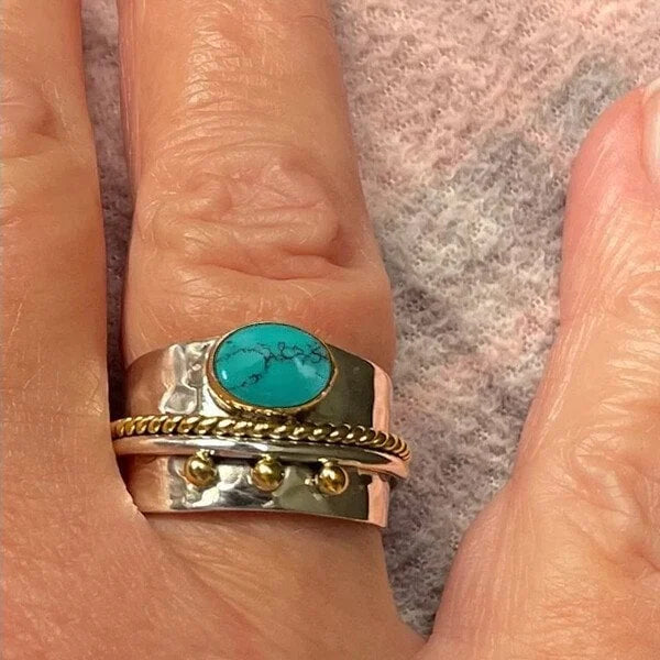Wide Two-Tone Band Ring with Round Turquoise-Look Stone