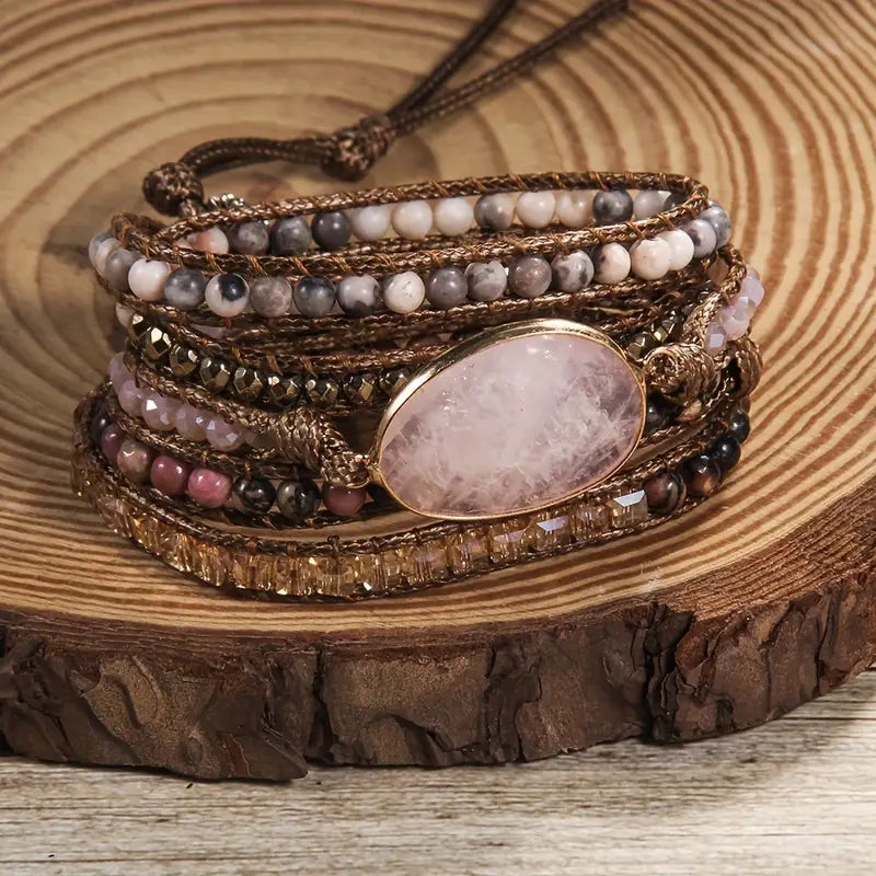 Meerstrengs gelaagde wikkelarmband met rozenkwarts